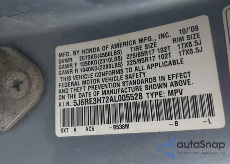 2010 Honda Cr-V Ex-L from USA, damaged, VIN 5J6RE3H72AL005528